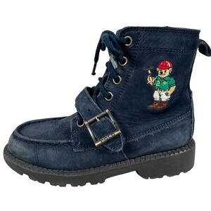 Polo Ralph Lauren Kids Navy Suede Polo Bear Buckle Lace Up Boots